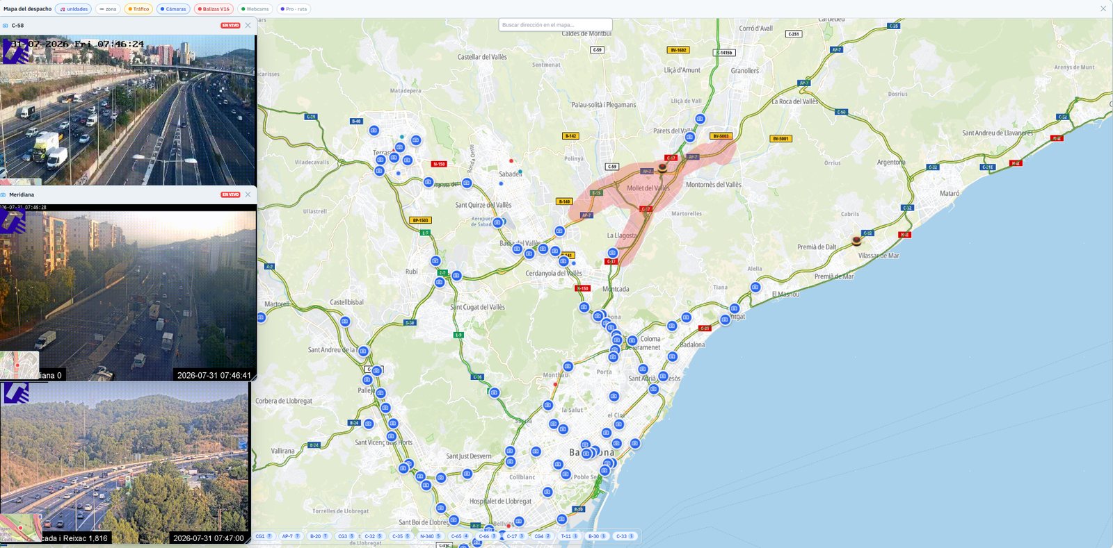 Mapa operativo con cámaras de tráfico en vivo y zona de aviso sobre la AP-7